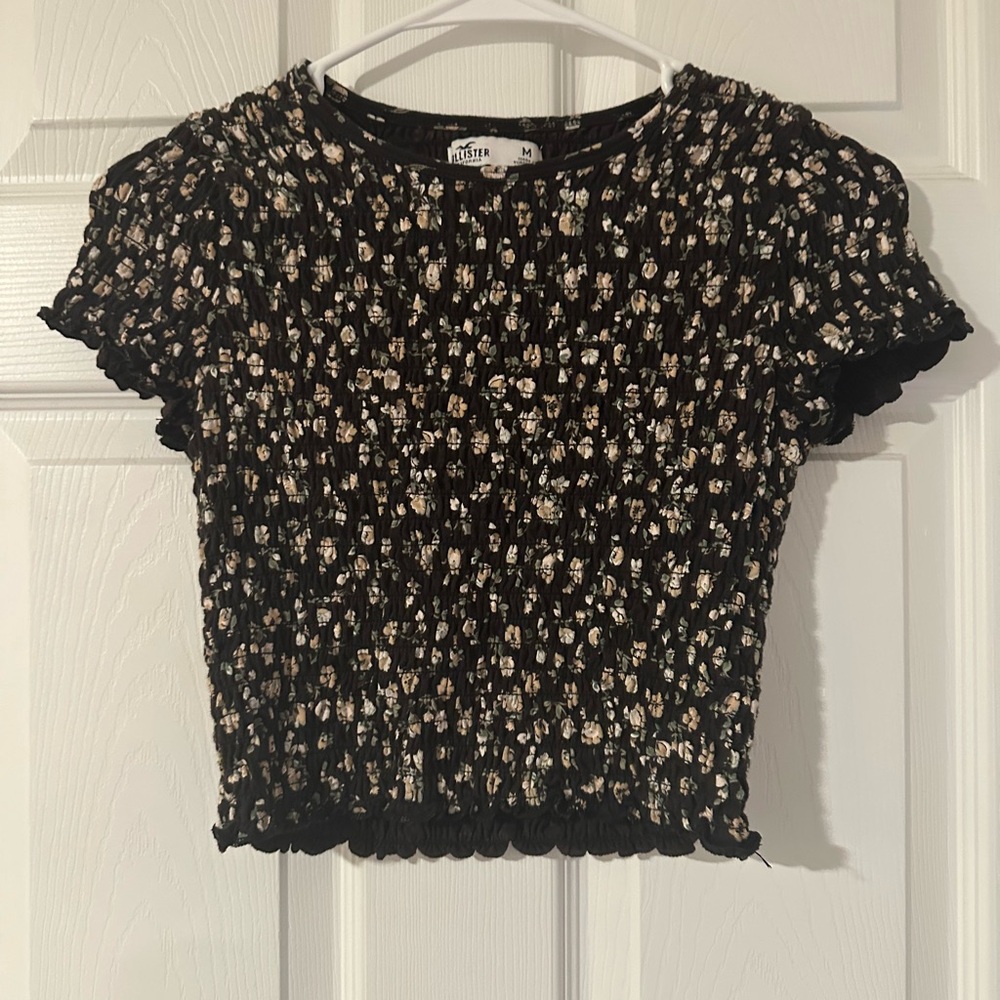 Hollister Black and White Smocked Crop Blouse